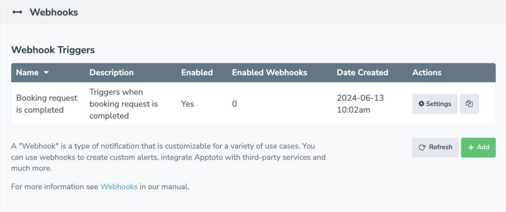 Apptoto webhook trigger for "booking request completed."